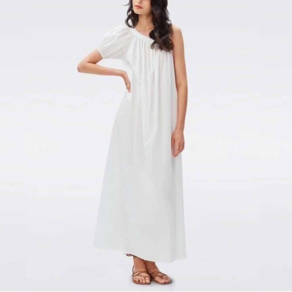 Diane von Furstenberg DVF Pasquale White Poplin One Shoulder Puff Maxi Dress
